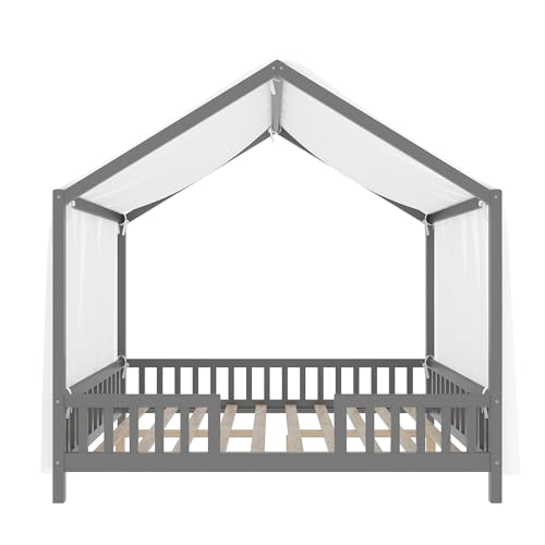 Image of Bellemave Full House BedFrame with Canopy, Montessori Floor Bed, House Bed with Rails for Kids, Gray