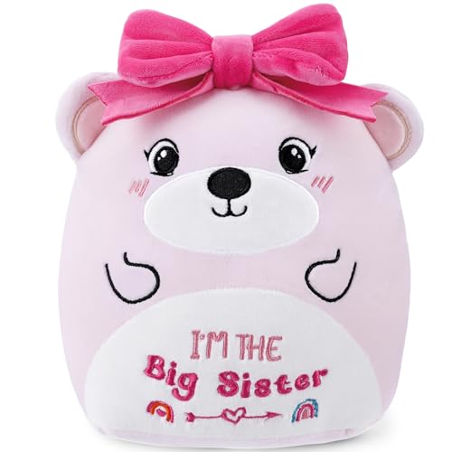 SEAOPOP Big Sister Plush Toy: 8-Inch I'm The Big Sister Bear with Pink Bow Stuffed Animal Cute Soft Plushie Pillows Christmas, New Sibling Gifts for Girls Kids