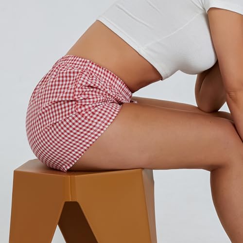 Image of Pivanzore Y2k Plaid Shorts for Women Casual Elastic Waist Aesthetic Lounge Bottom Baggy Pajama Shorts Boxers Sleepwear