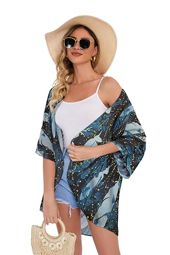 Image of Women's Floral Print Puff Sleeve Kimono Cardigan Loose Cover Up Casual Blouse Tops 2026