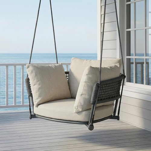 Image of Swing Chair Outdoor, Single Hanging Porch Swing, Ceiling Hanging Chair for Bedroom, 106 inch Adjustable Rope Swinging Chair Indoor, Heavy Duty 400lbs Patio Outdoor Swings for Deck /Balcony, Beige