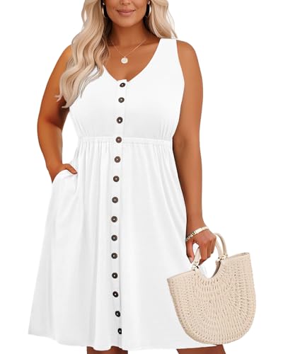 Image of Holipick Women's Plus Size Summer Dresses for Women Casual Dress with Pockets A-Line Swing Button Down Sleeveless V Neck