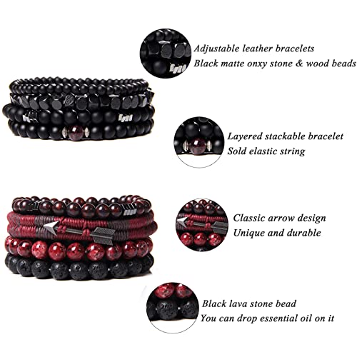 Firazio 8-9 Pcs Braided Leather Bracelet For Men Women Tiger Eye Lava Rock Beads Bracelet Wrap Cuff Bracelets Hemp Cords Wood Beads Ethnic Tribal Wristband Adjustable #TOP1