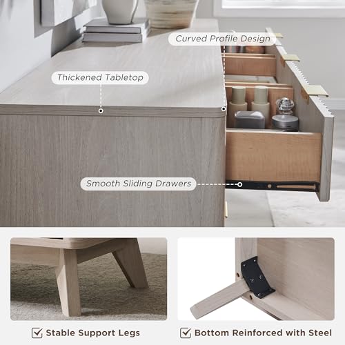 Image of T4TREAM 54 inch Wide Fluted 9 Drawer Dresser for Bedroom, White Alder | Mid Century Modern, Curved Profile, Metal Handles, Anti-tip Kit, Smooth Slides, for Living Room, Hallway