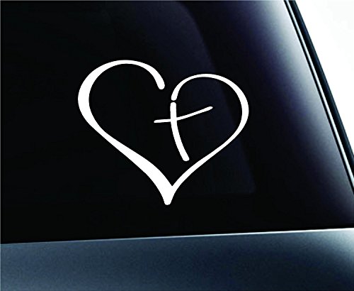 Heart with Cross in Center Decal Sticker Vinyl for Car Auto Christian (3.5