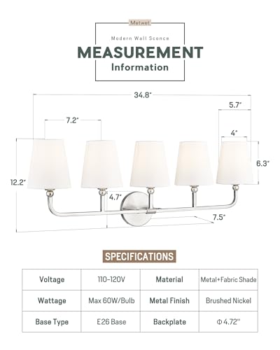 Image of Bathroom Light Fixtures, 5 Light Brushed Nickel Vanity Lights with Flared White Fabric Shade, 35 Inch Wall Sconce, Modern Sconces Wall Lighting for Hallway Bedroom, VL837-BN-5