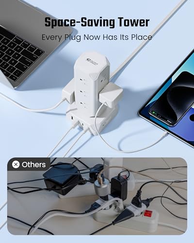Power Strip Tower, SUPERDANNY 12 Outlets with 35W USB(2 USB-A & 2 USB-C) Charging Station, 1625W/13A, 1700J Surge Protector, 6.5ft Flat Plug Extension Cord with Multiple Outlets for Home, Office, Dorm