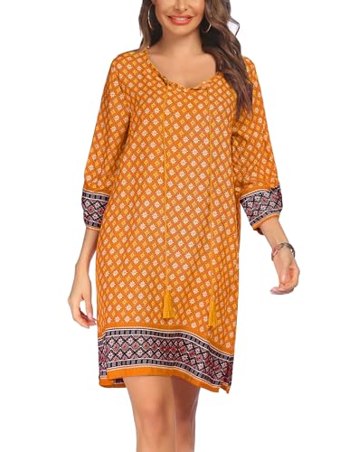 Image of Zeagoo Womens Boho Dresses Casual Beach Summer Dress Tassel Tie Neck 3 /4 Long Sleeve Mini Sundress 2026 Floral Print Cover Up