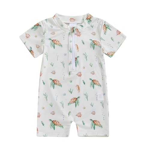 Toddler Baby Boy Swimsuit Short Sleeve Rash Guard One Piece Zipper Bathing Suit Infant Beach Swimwear (A White, 12-18 Months)