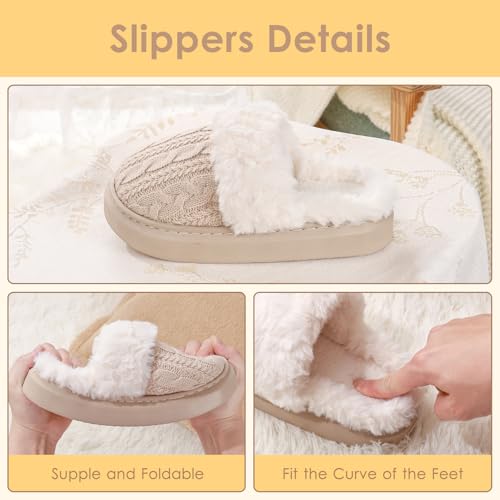 Women's Fuzzy Knit House Slippers with Faux Fur Lining, Warm Comfy Non-Slip Indoor Outdoor Bedroom Shoes for Fall Winter2