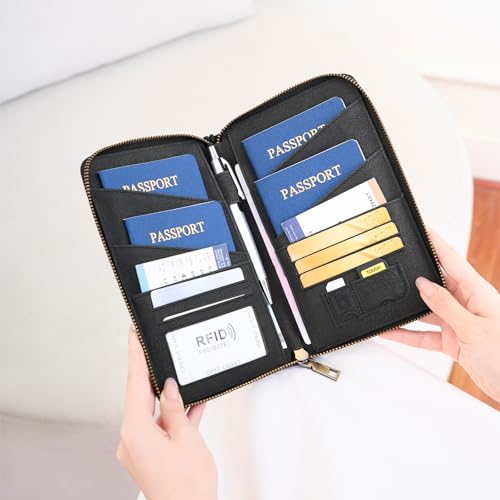 Toctax Reisepass Tasche Familie Reiseorganizer mit RFID-Blocker, Reisepass Organizer Reisepasshülle für Damen und Herren (Schwarz)