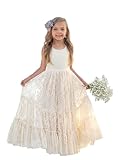 LalaMira Flower Girl Dress Lace Boho Toddler Dresses Ruffle Girl Dress for Wedding Garden Party Holiday Communion Sleeveless Ivory-6 Years