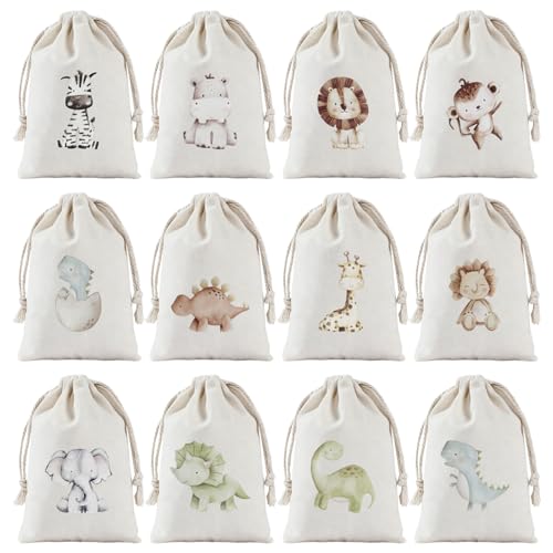 12 unidades de animales de la selva con dibujos animados de dinosaurios para rellenar, 10 x 15 cm, bolsas pequeñas con cordón, bolsas de algodón, sacos de tela, bolsas de joyería para baby shower
