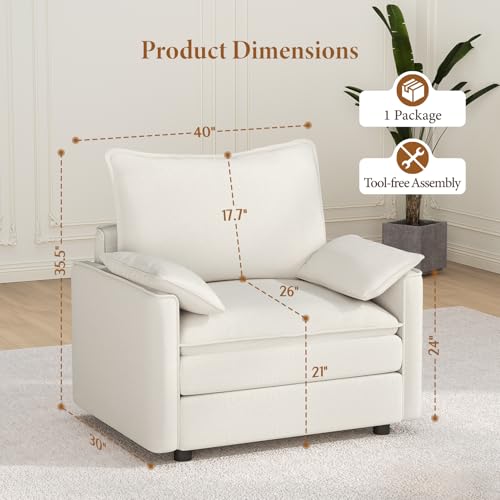 Image of Vesgantti 40 inch Single Seat Sofa, Comfy Cloud Couch Deep Seat Upholstered Couch Chenille Modern Sofa with Armrest Pillow, Easy Assembly for Living Room, Bedroom and Apartment, Snow White