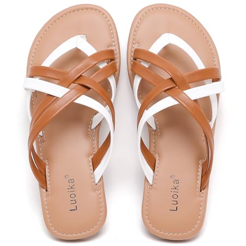 Image of Luoika Women's Wide Width Flat Sandals, Flip Flop Slides Sandal Casual Strapy Sandal Slip on Summer Beach Shoes for Women.