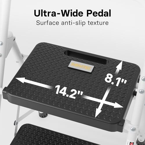 Image of BONTEC 2-Step Ladder, Folding Step Stools for Adults with Wide Anti-Slip Pedals, Max Load Capacity 600lbs Sturdy Steel Ladder, Lightweight, Convenient Handle, Portable Steel Step Stool, White