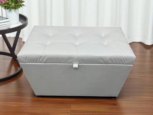 Puff Baú Estofado Em Corino 68 Cm Para Sala, Quarto Em Mdf - Branco