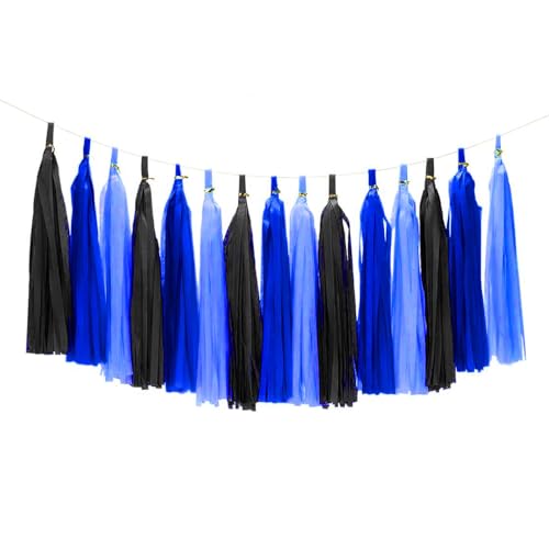 Image of Dark Blue,Light Blue and Black Tassel Garland Banner Paper Tassels for Birthday Party Decorations,Pack of 15