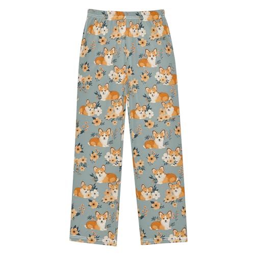 Retro Corgi Style Pajama Pants Lounge Sleep Pants Elastic Waist Long Pajama Bottoms with Pockets for 6-14 Years