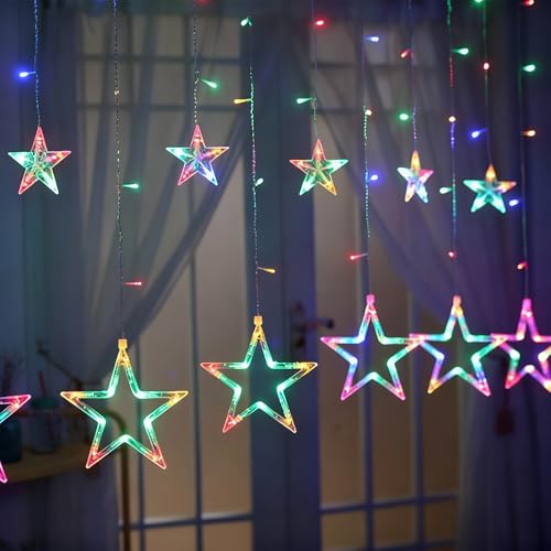shsyue Christmas Star Curtain Light,Christmas Decorations Light Indoor,Window Lights with 12 Stars 138 LED for Xmas Tree,Wedding,Garden, Bedroom,Multicolor Light 8 Modes USB
