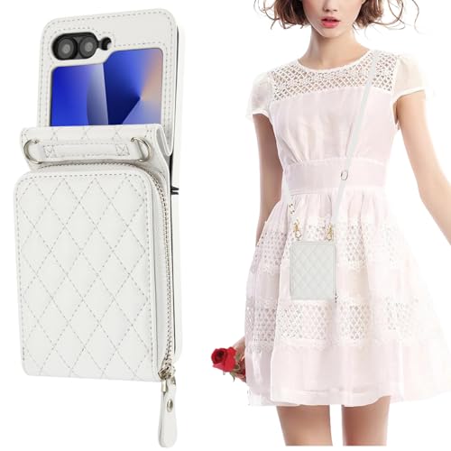 KIHUWEY for Galaxy Z Flip 6 Wallet Case Crossbody Lanyard for Women, White