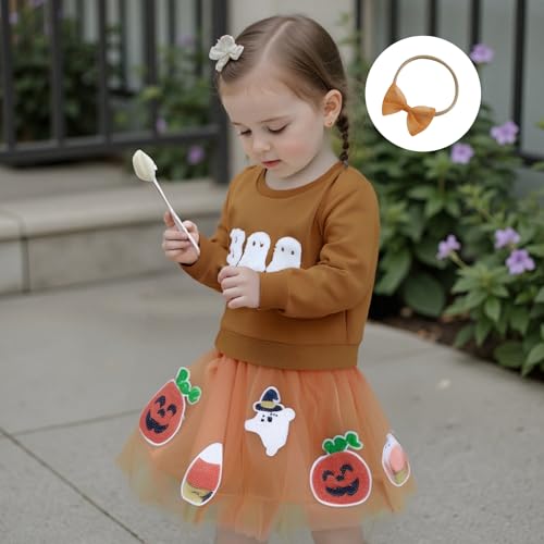 Toddler Girl Halloween Outfit Ghost Boo BABE Embroidery Sweatshirt Pumpkin Ghost Tulle Skirt Headband Fall Clothes2