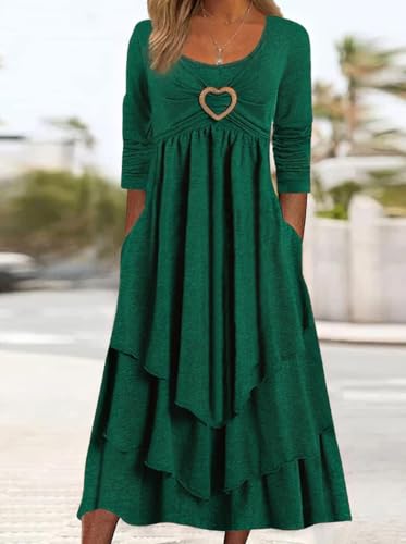 Womens 2025 Layered Irregular Hem Swing Dress with Pockets Long Sleeve Swing Ruffle A Line Flowy Pleated Maxi Dress2