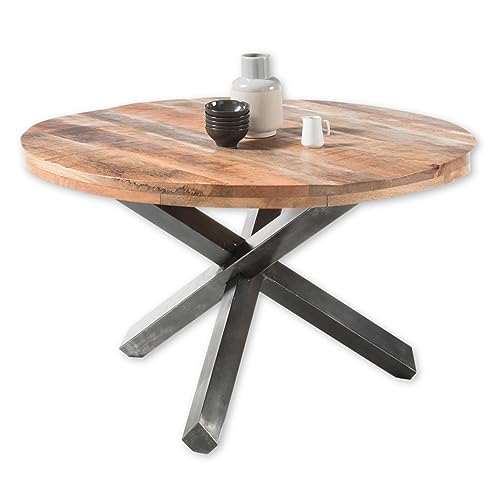 ACE Esstisch rund Massivholz Mango - Hochwertiger Esszimmertisch mit Metallgestell für Ihr Esszimmer - 130 x 77 x 130 cm (B/H/T)