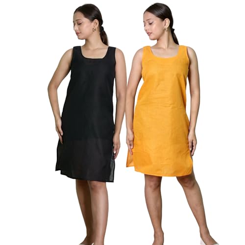 Image of KASANI Women's Camisole Cotton Long Knee-Length Sameej /Slip /Inner, Sleeveless, Pack of 2