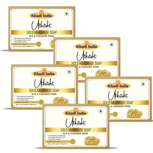 Image of Utkristh Khadi Gold Handmade Bathing Soap | Natural & Herbal Skin Brightening Bar | Luxury Body Cleanser with Essential Oils | For Glowing Skin | Unisex | 125g (Pack of 5)