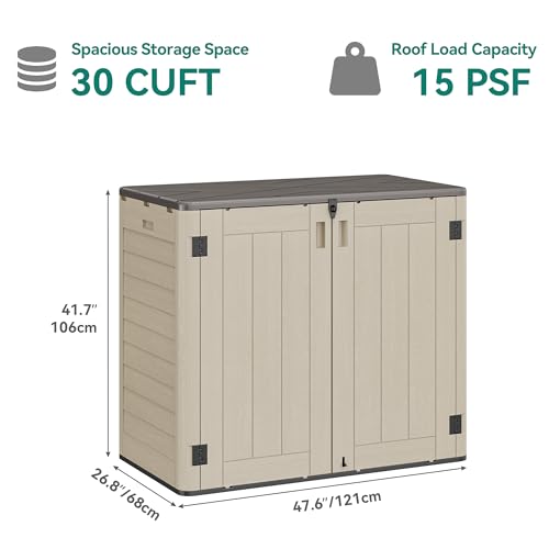 Image of YITAHOME Outdoor Storage Shed w /o Shelf, 30 cu ft Horizontal Storage Shed Outdoor, Resin Waterproof Storage Cabinet for Garage, Poolside, Bikes, and Garden (Khaki + Black)