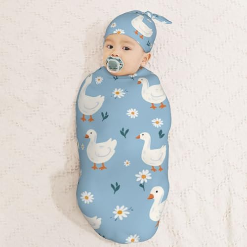Image of Cute White Geese Swaddle Blanket with Beanie Hat Set - Soft Baby Receiving Blankets and Swaddle Blankets for Newborn Boys and Girls