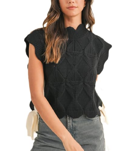Women Bow Side Tie Sweater Vest Cute Scallop Trim Mock Neck Crochet Knit Tank Top Y2k Sleeveless Split Hem Sweaters