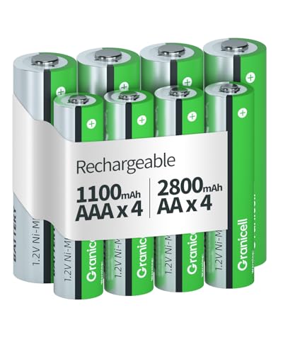 Granicell 8 Stück AA AAA Wiederaufladbare Batterien,Hohe Kapazität 4-Pack AA 2800mAh & 4-Pack AAA 1100mAh,1.2V NiMH Low Self Discharge