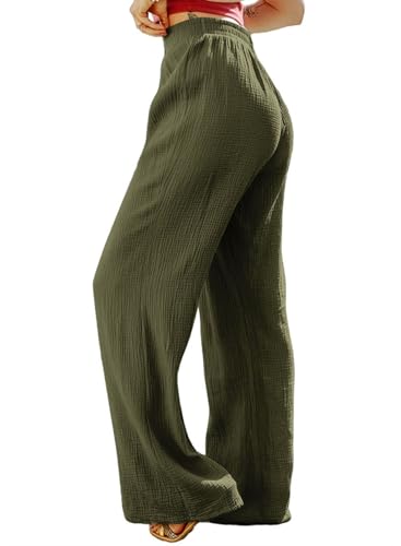MARZXIN Women Linen Palazzo Wide Leg Pants Casual High Waist Stretchy Fall Loose Long Pants Trousers with Pockets2