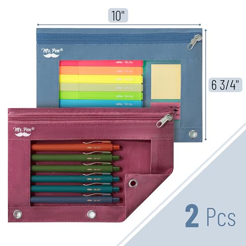 Image of Mr. Pen- Pencil Pouch for 3 Ring Binder, 2 Pack, 10 inchx6.75 inch, Smooth Zipper | Clear Window, Large Capacity Pencil Case with 3 Reinforced Grommets for School, Office, Supplies Storage | Clear Window, Large Capacity Pencil Case with 3 Reinforced Grommets for School, Office, Supplies Storage