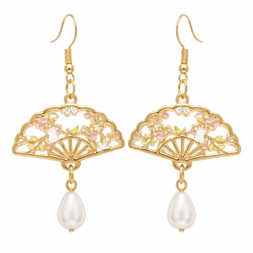 Boucles d'oreilles éventail sakura chat émaillé - Style asiatique cadeaux printemps été (Rose)