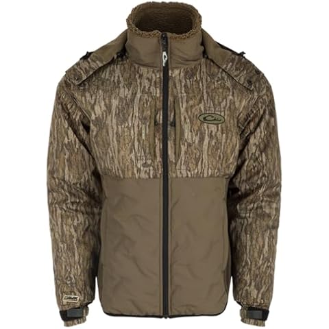 Drake Waterfowl Men's LST Guardian Flex Double Down Eqwader Full Zip, Insulated Waterproof Resistant Hunting Jacket with Hood, Mossy Oak Bottomland, Large Cover