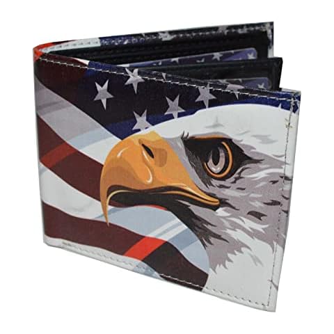 LB LEATHERBOSS Mens Bifold Exotic Wallet Picture US America Flag and Eagle with printed gift box Cover