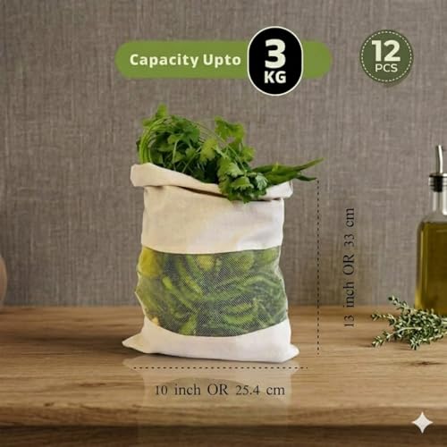 Image of QONETIC 12 Pcs Cotton Vegetable Cloth Bag for Fridge, Fruit and Vegetables Storage Bags for Refrigerator, Fridge storage bags Reusable and Washable Muslin Produce Bags with Drawstring Veg Bags