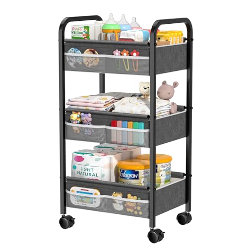 Image of Baby Diaper Caddy Rolling Utility Cart, 3 Tier Baby Essentials Nursery Organizer and Storage with Dividers and Drawers for Crib, Bedroom, Art & Craft Organizer (Black)