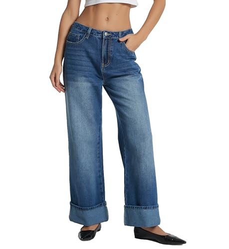 D-Sun Women Wide Leg Jeans Baggy High Rise Cuffed Jeans Casual Trendy Loose Denim Pants
