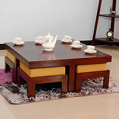 Image of Loonart Solid Sheesham Wood Coffee Table with Four Cushioned Stools | Idel for Living Room | Cafe | Restaurant | Space Saving Indoor Table Set | Finish Color - Natural Finish | Cream Cushion |