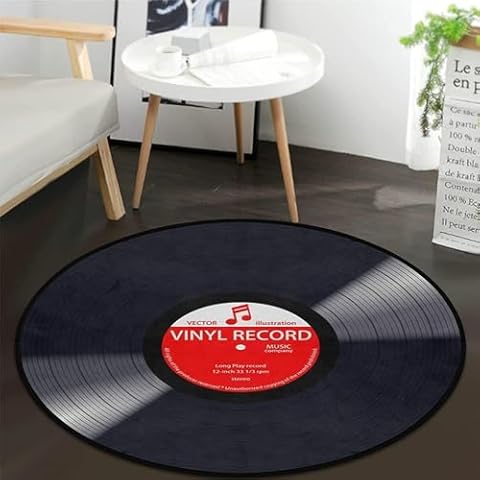 keepcute Music Record Black Round Area Rug for Bedroom Living Room Study Playing Non-Slip Floor Mat Carpet Home Decor Rugs, 4' x 4' Round Cover