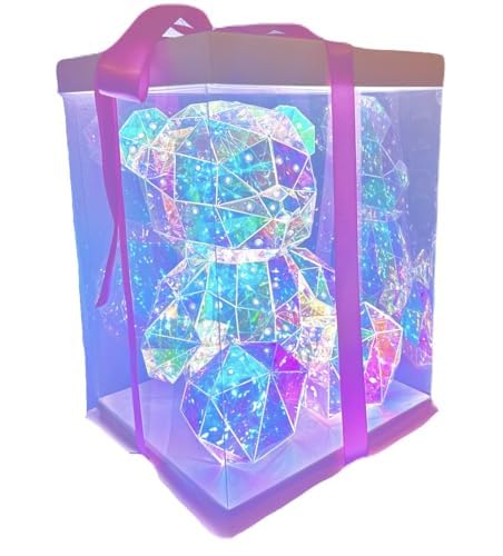Holographic Light Up Teddy Bear, iridiscent bear, with heart with lights and beutigul gift box, presents for him, gifts for her (small Bear with Box)