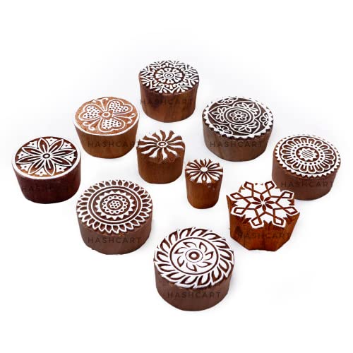 Image of Hashcart | Set of 10 | Round Shape Multi Floral Design baren for Block Printing | Wooden Stamps for Project Designing | Scrapbooking | Project Making | Clay | Pottery Craft