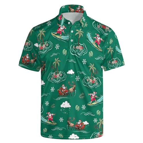 Uoer Christmas Polo Shirts For Men Hawaiian Santa Claus Golf Polo Shirts Short Sleeve Performance Quick Dry Golf Shirts