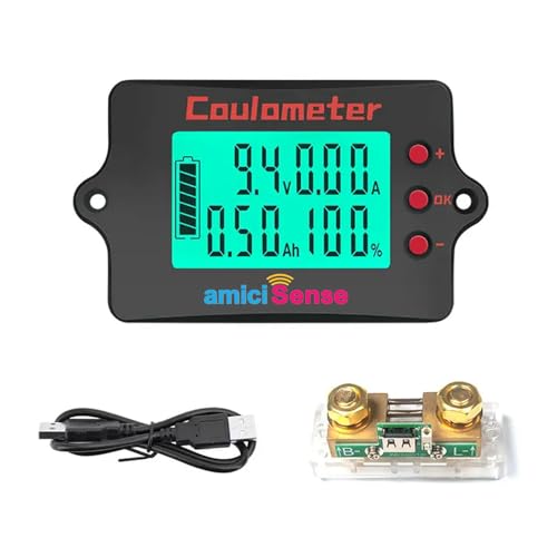Image of amiciSense Coulomb Counter Meter 8-120V 500A - True Battery Capacity Meter with Bi-Directional Detection, Voltage /Current /Ah Display, Splash-Proof Panel - Compatible with Lithium, Lead-Acid & More