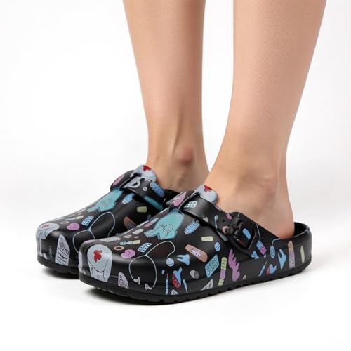 Image of Eliogn Women's Garden Clogs with Print, Waterproof Slip Resistant Work Clogs, Lightweight EVA Slip-On Mules, Cushioned Comfortable Shoes for Nurse, Chef, Kitchen, Beach