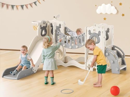 Toboggan Elk Slide-Active 7 en 1, grand toboggan avec panier, cadre d'escalade télescopique, espace de rangement, pour 1 à 3 ans, 1700 mm